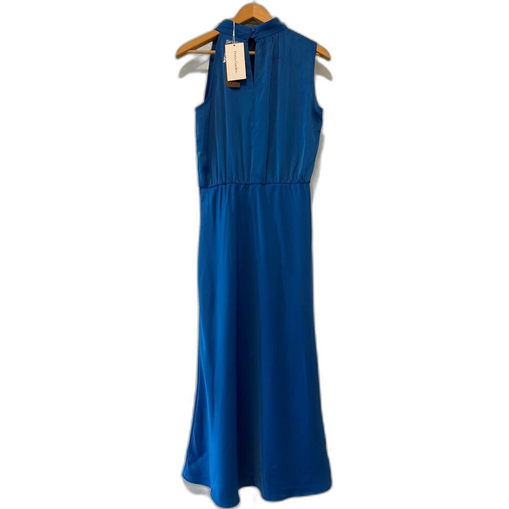 PRETTYGARDEN Brilliant Blue Satin Maxi Dress Mock Neck Size S NWT